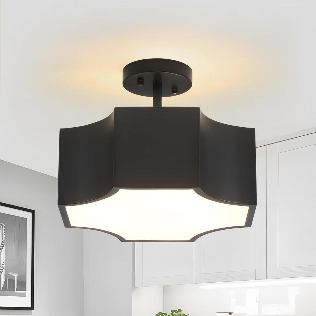 Modern Black 3-Light Ceiling Light Fixture, 12.6'' Metal Industrial Semi Flush Mount Close to Ceiling Light, Farmhouse Light Fixtures Ceiling Mount, Geometry Chandelier for Kitchen, Hallway