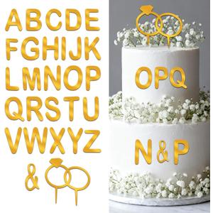 28 Pcs Wedding Cake Topper, Gold Cake Letters Topper DIY Custom Cake Toppers with Diamond Ring and 26 Acrylic Letters Personalized Bride Groom Initial Sign for Anniversary Baby Shower Birthday, 2.36 inches x 4.33 inches