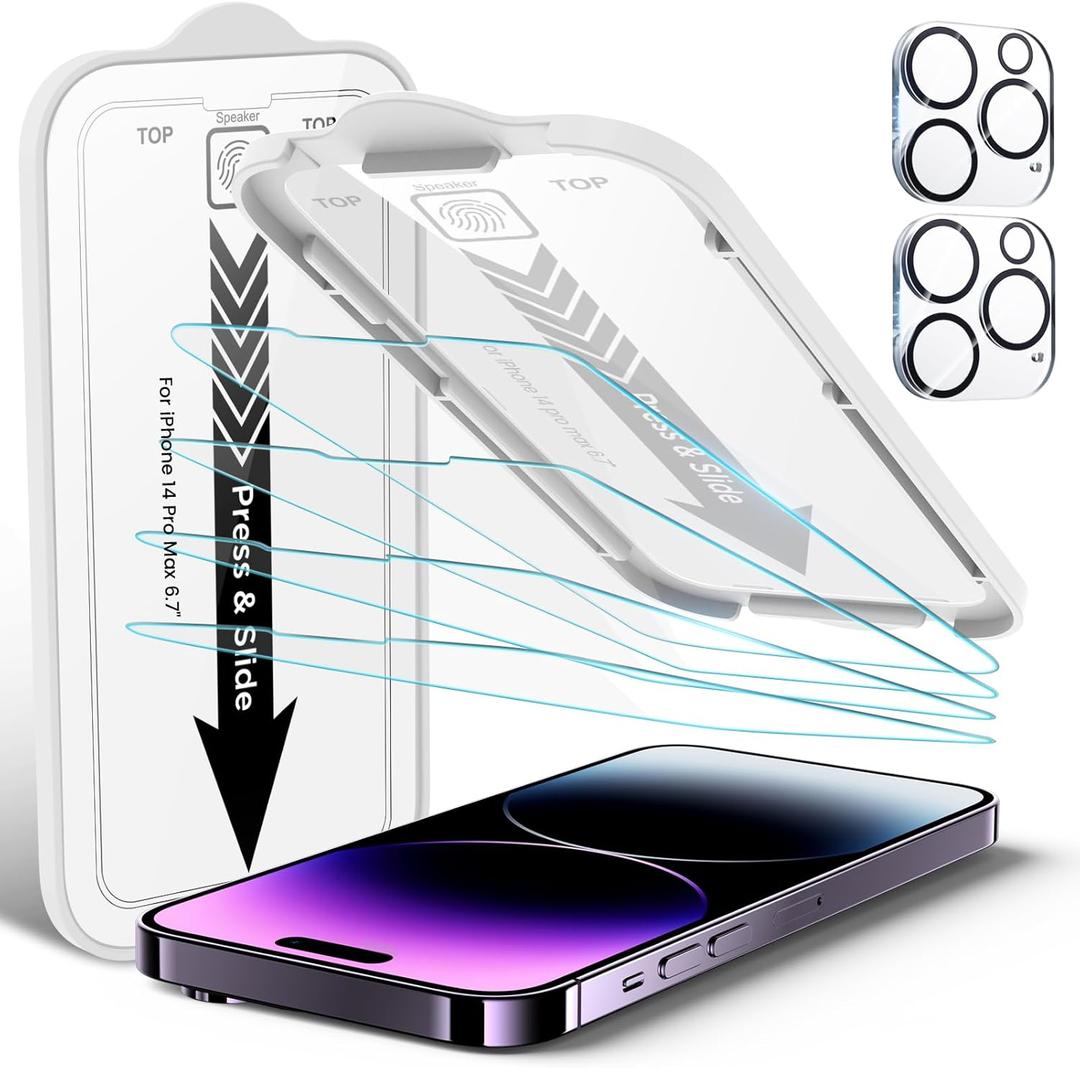 4+2 Pack for iPhone 14 Pro Max 6.7 inch Tempered Glass Screen Protector, Auto Dust-Elimination Installation, Bubble Free, Dynamic Island Compatible, HD Clear, Easy Installation