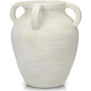 Handmade Flower Vase, 12" Tall Terracotta Vase, White Vintage Ceramic vase, Rustic Antique Decor with 3 Handles, Wide Mouth, Matte Finish for Home Office Resto Café Décor