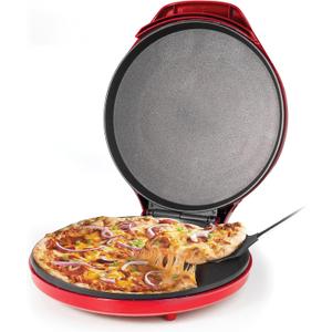 Betty Crocker Pizza Maker Plus, 12" Indoor Electric Grill, Nonstick Griddle Pan for Pizzas, Quesadillas, Tortillas, Nachos and more, 12" Electric Griddle for Delicious Meals and Snacks, Red (Full Size)