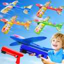2 Launcher - 4 Pack 14.5" Lighted Easter Airplane Launcher Toys for Boys Kids Gifts Easter Basket Stuffers Essential, LED Foam Glider Catapult Plane Flying Toy for Kids Party Favors Outdoor Games