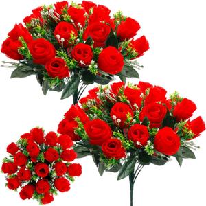 Riceshoot 2 Bouquets Christmas Cemetery Flowers for Grave Memorial 18 Heads Artificial Flowers Cemetery Day Silk Grave Faux Roses Arrangements for Christmas Headstones Tombstone Decor(Red)