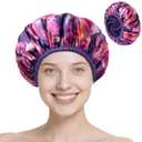 Upgraded Waterproof Terry Shower Caps, Reusable Shower Cap for Women with Long Hair, Soft Absorbent Hair-Protecting Towel Lining Bath Cap, Large Leak-Proof Hair Cap with Fashionable Print Outer-Purple