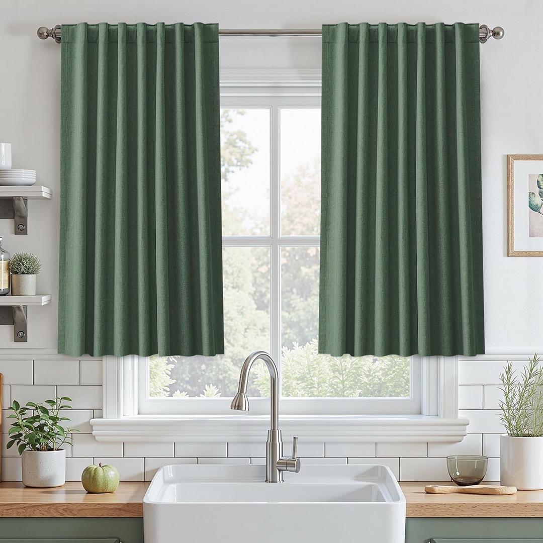 UHITECH Linen Curtains for Bedroom 2 Panels Set 45 Inch Curtains Blackout Short Cafe for Small Windows Thermal Olive Green Drapes Back Tab Living Room Darkening Drapes Black Out