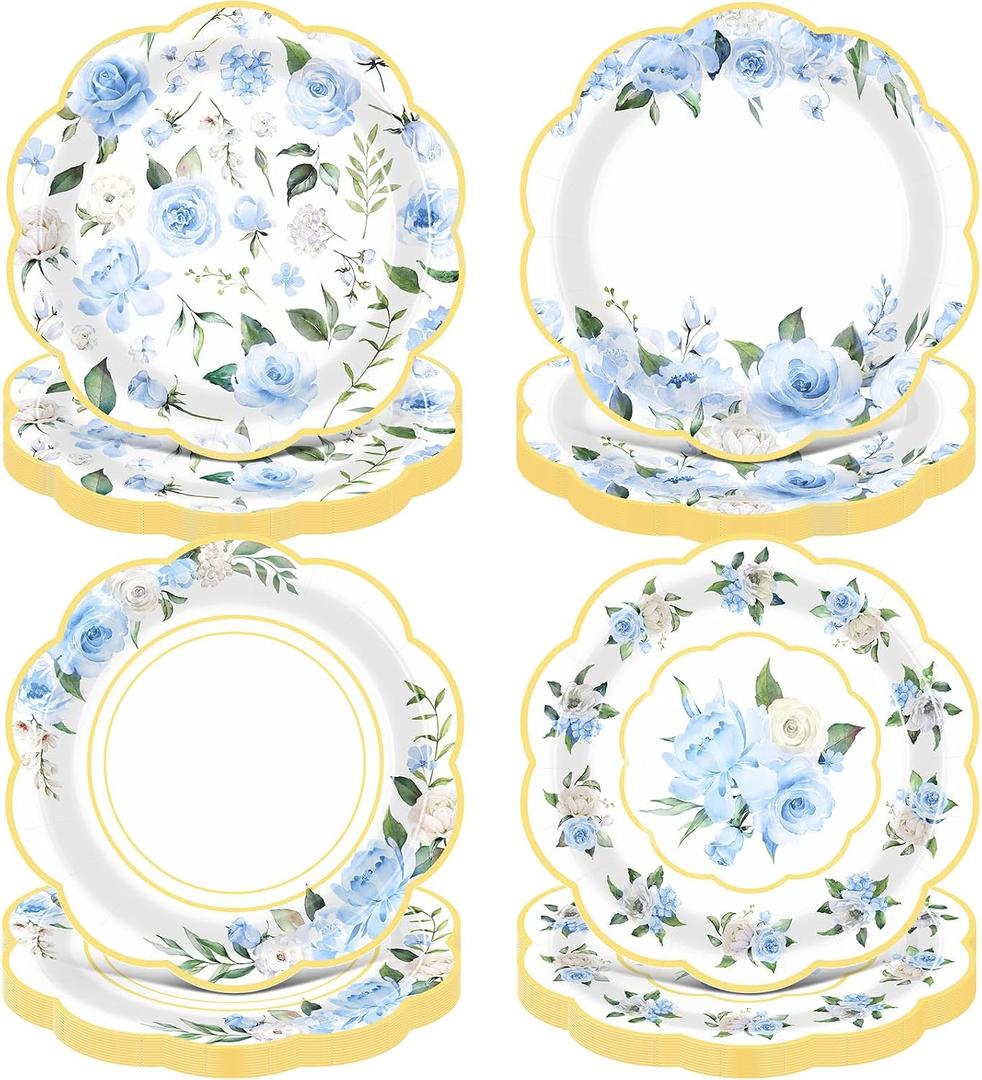 Pickmesh 60 Pcs Floral Paper Plates 9 Inches Blue Flower Disposable Dinner Plates for Baby Shower Wedding Bridal Shower Birthday Tea Party Decoration Supplies