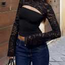 Women's Lace Long Sleeve Going Out Tops Sexy Y2K Crew Neck Cutout Double Lined Slim Night Out Shirts (Black, L)