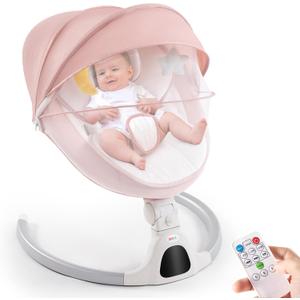 Jaoul Baby Swing for Infants - Electric Portable Newborn Bouncer With Bluetooth Touch Screen/Remote Control, Timing Function, 5 Speeds, 3 Seat Positions for Boys and Girls (Pink)
