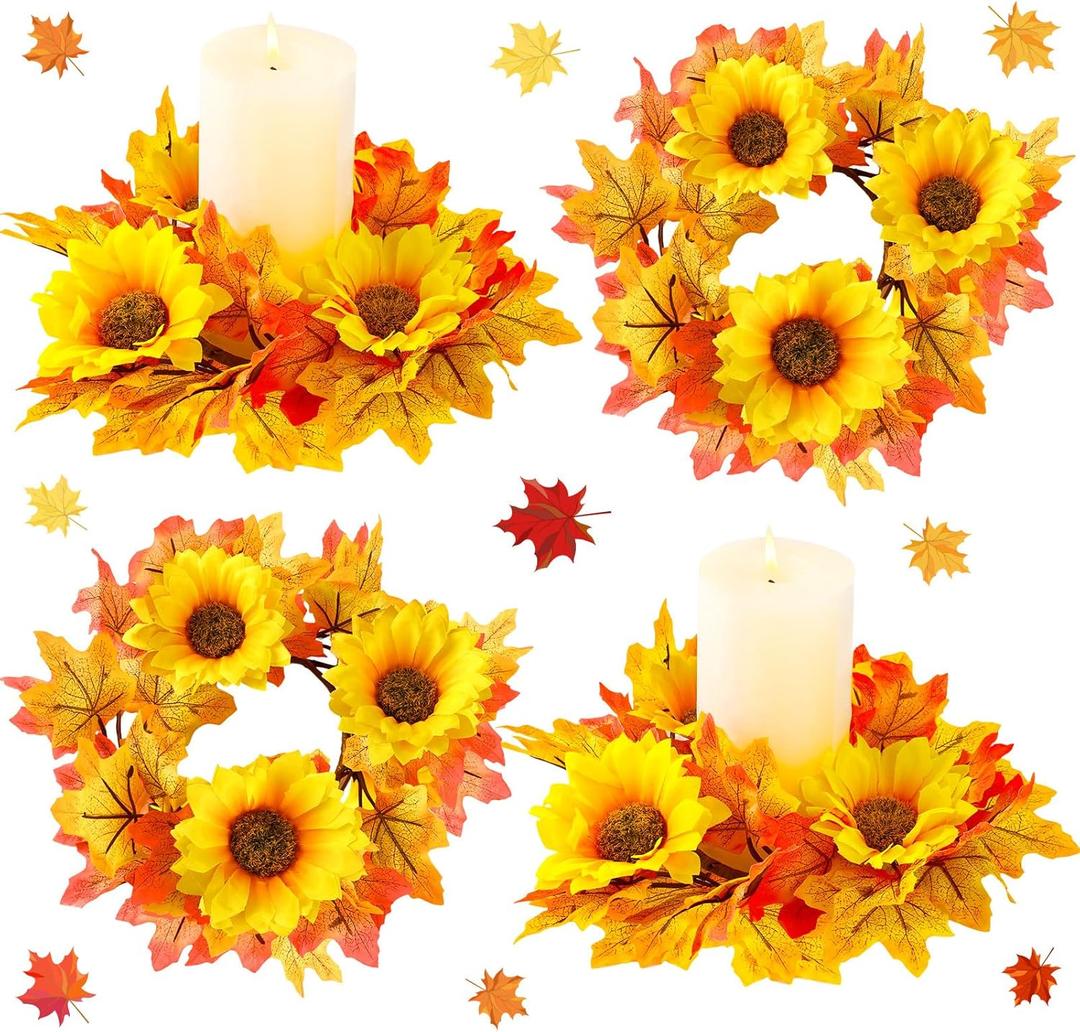 Panelee 4 Pcs Thanksgiving Fall Candle Rings Wreaths Thanksgiving Artificial Maple Leaf Candle Ring 5.12 Inch Autumn Sunflower Garland Holder for Pillar Mini Rattan Table Decor Centerpiece