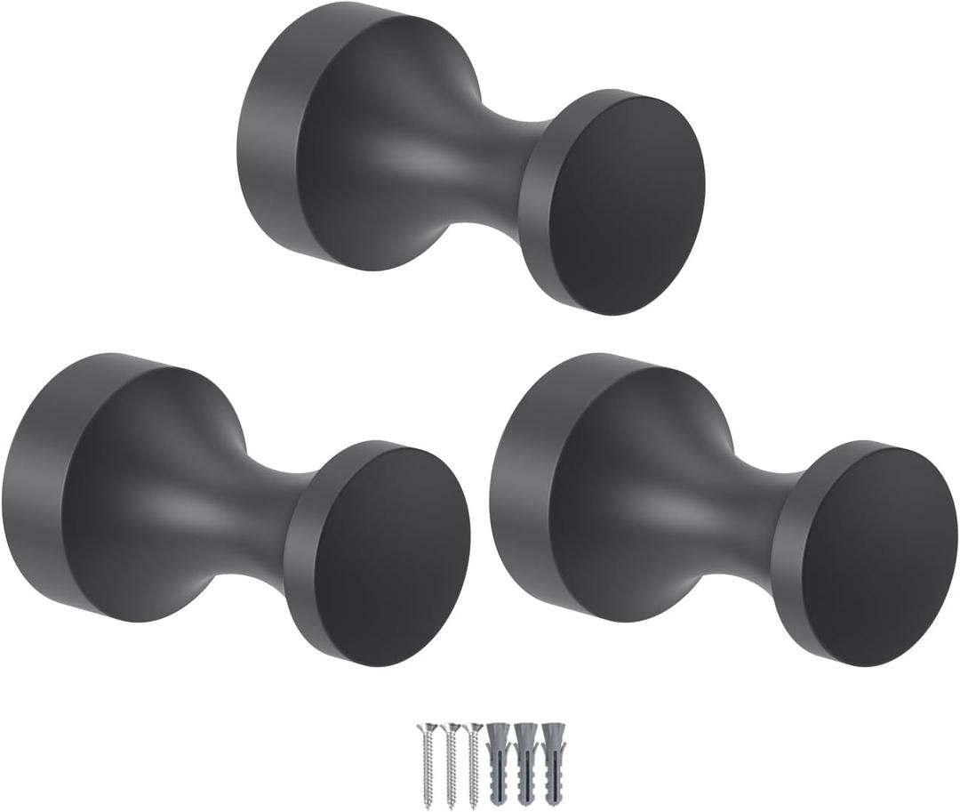 Epock Towel Hooks for Bathrooms Set of 3, Screw-in Stainless Steel Robe Coat Clothes Hook Bathroom & Kitchen Round Style Small Wall Hooks Rustproof -Matt Black (Base diameter=1.8cm/0.709")