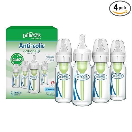 Dr. Brown's AntiColic Options+ Narrow Glass Baby Bottle with Level 1 Slow Flow Nipple, BPAFree, 4 oz/120mL, 4Pack
