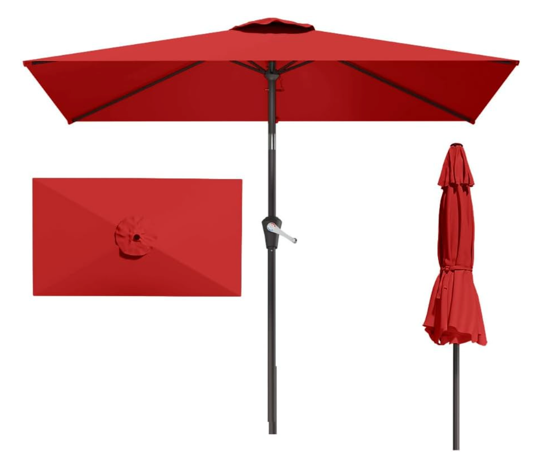 Patio Kingdom 6.5' x 10' Rectangular Patio Umbrella Large Outdoor Market Umbrella w/UV Protection, Push Button Tilt and Crank Lift, Rectangle Table Umbrella for Garden, Deck, Pool, Patio, Red