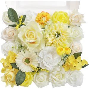TINGE TIME Artificial Flowers Combo Mix Silk Flowers Yellow Roses w/stem for DIY Wedding Bridal Bouquets Baby Shower Floral Arrangement Table Centerpieces Home Decorations (Lemon Yellow)
