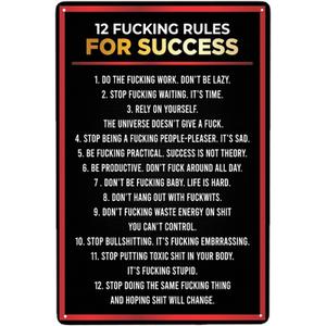 12 Fucking Rules To Success Metal Tin Sign Inspirational Metal Wall Art Decor Sign Retro Poster Cafe Bar Gym Living Room Bathroom Kitchen Home Art Wall Decoration Plaque Gift 8x12 Inch