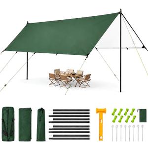 Heavy Duty Waterproof Camping Tarp 1511FT UV Blocking Sun Shade Canopy with Poles & Ropes, Reinforced Tear-Resistant Corners, Windproof Outdoor Shelter for Camping, Picnic(Green,15x11FT)