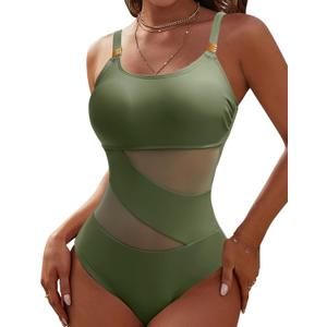 Blooming Jelly Women's Sexy One Piece Bathing Suits One Shoulder Swimsuits Slimming Mesh Swimwear (Large, Army Green)