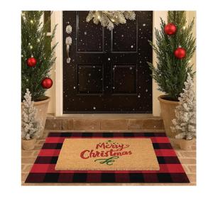 Christmas Door Mat Combo Set - 100% Coco Coir Welcome Mat + 28 x 43 Inch Red and Black Plaid Rug, New Year Holiday Christmas Collection Doormat for Front Porch Entryway Decor