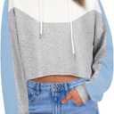 FAIRY SEASON Women Cropped Hoodies Long Sleeve Oversized Hooded Sweatshirt Color Block Crop Top Shirt Y2K Workout Pullover (Small, Blue)