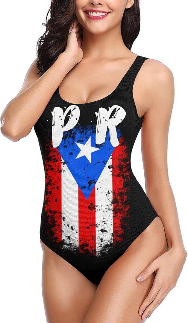 Puerto Rico Pr Flag Women's One Piece Swimsuits Low Back Bathing Suit Bikini Swimwear White (Black, XL)