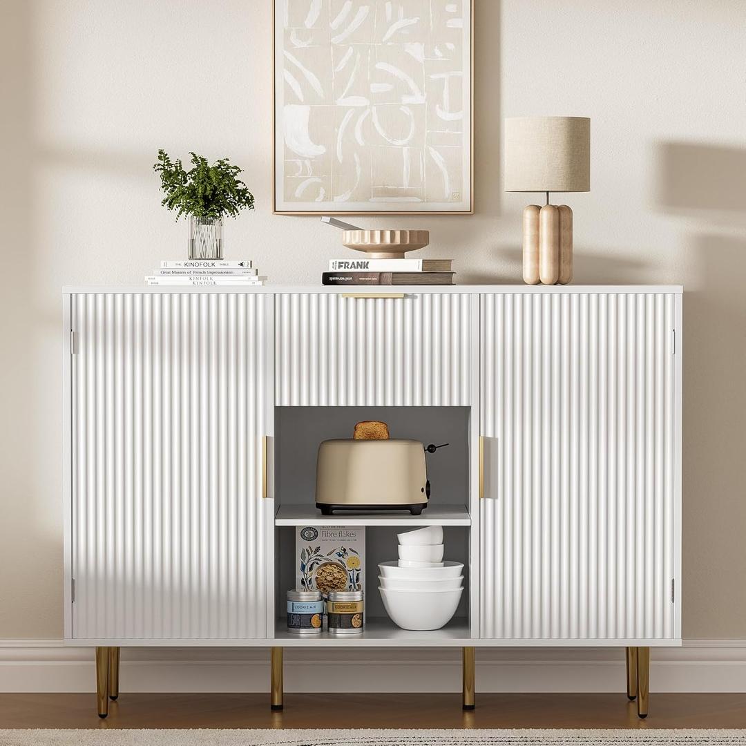 47.2" Large Sideboard Buffet Cabinet with 2 Doors & Drawer, Fluted Coffee Bar Cabinet with Adjustable Shelves, Liquor Storage Cabinet, Accent Cabinet for Living Dining Room, White