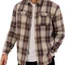 Men Fleece-Lined Button Shirt Flannel Plaid Warm Winter Casual Jacket with Flap Pockets (Large, Brown)