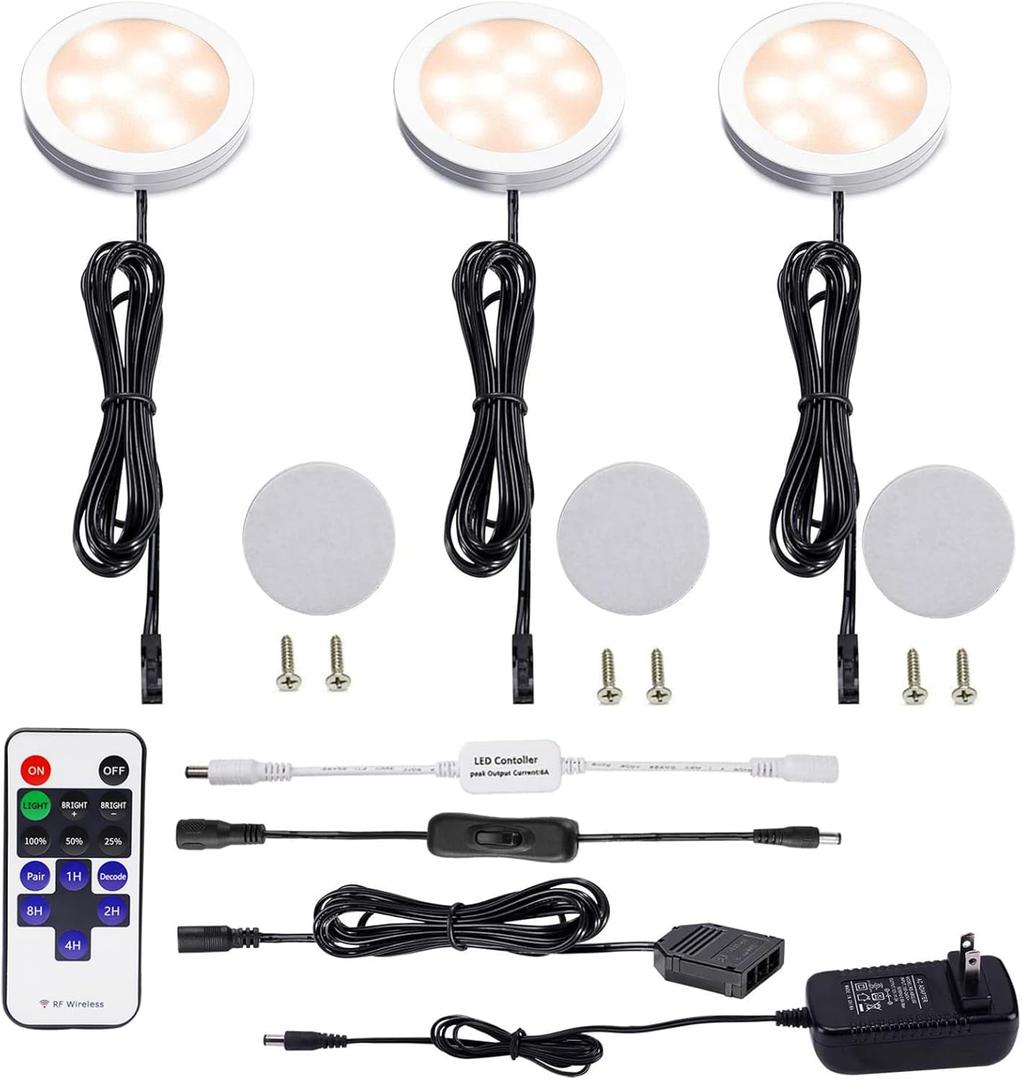 AIBOO Dimmable LED Under Cabinet Puck Lights 3 Lamps Kit with RF Remote Control for Home Kitchen Counter Lighting (Warm White 2700K)
