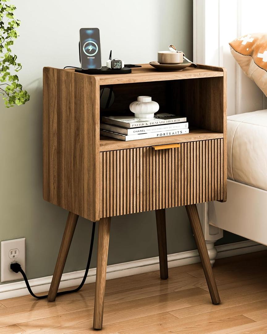 Nightstand with Outlet,Modern Bedside Table with Storage Drawer and Open Wood Shelf, for Living Room, Bedroom and Small Spaces, Accent Night Stand with Solid Wood Legs, Easy Assembly,Brown