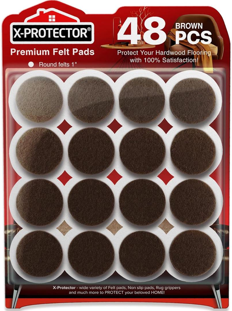 Felt Furniture Pads X-PROTECTOR - 48 Premium Floor Protector Chair Felts for Feet Wood Floors Best Hardwood Protect Your Hard Floors! (Brown) (48 PCS 1" Brown, Round)