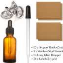 12 Pack, 2 oz Glass Dropper Bottle with 3 Stainless Steel Funnels & 1 Long Glass Dropper - 60ml Amber Tincture Bottles with Eye Droppers for Essential Oils, Liquids - Leakproof Travel Bottle