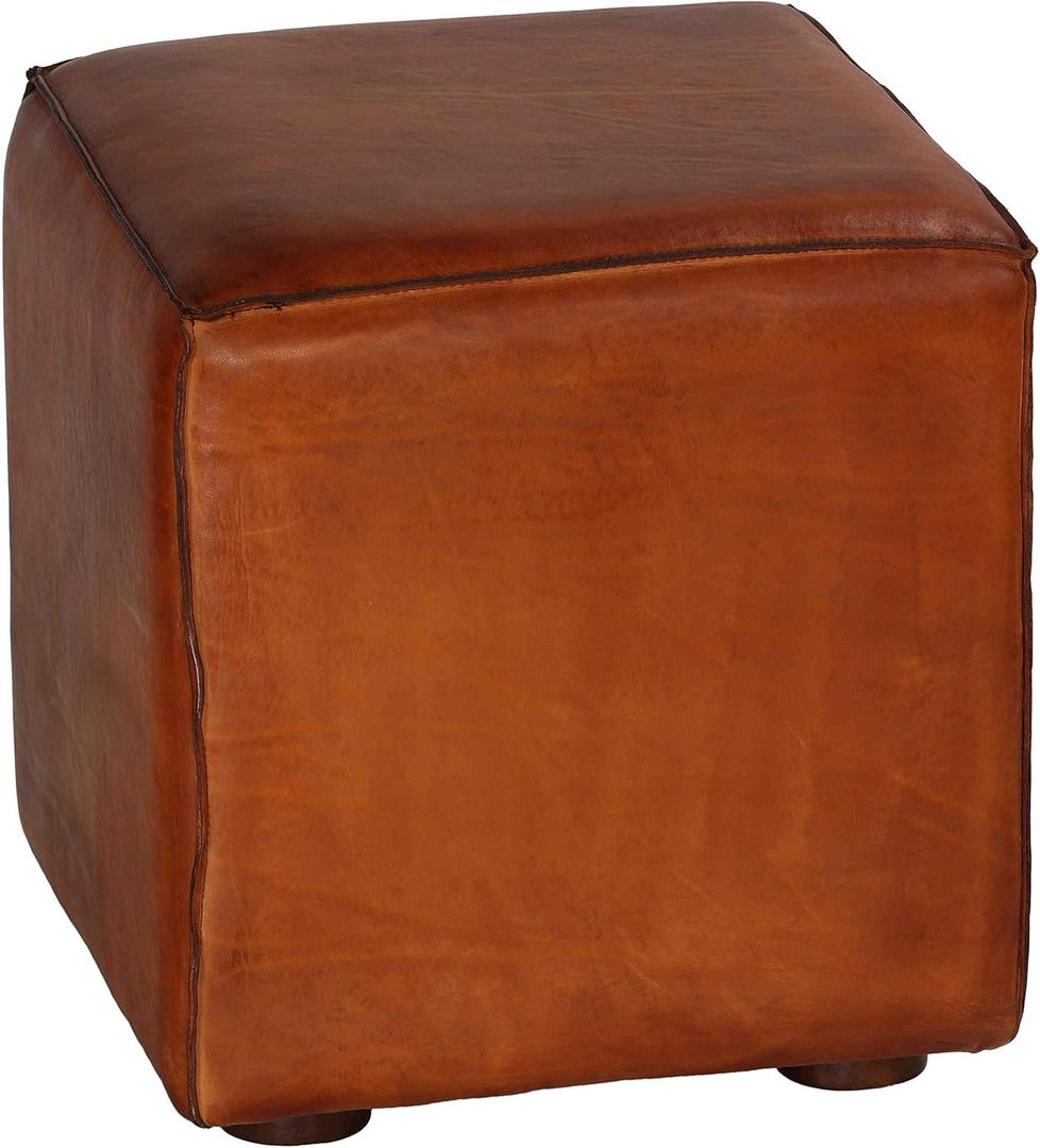 Sands Genuine Leather Cube Ottoman, Saddle Brown