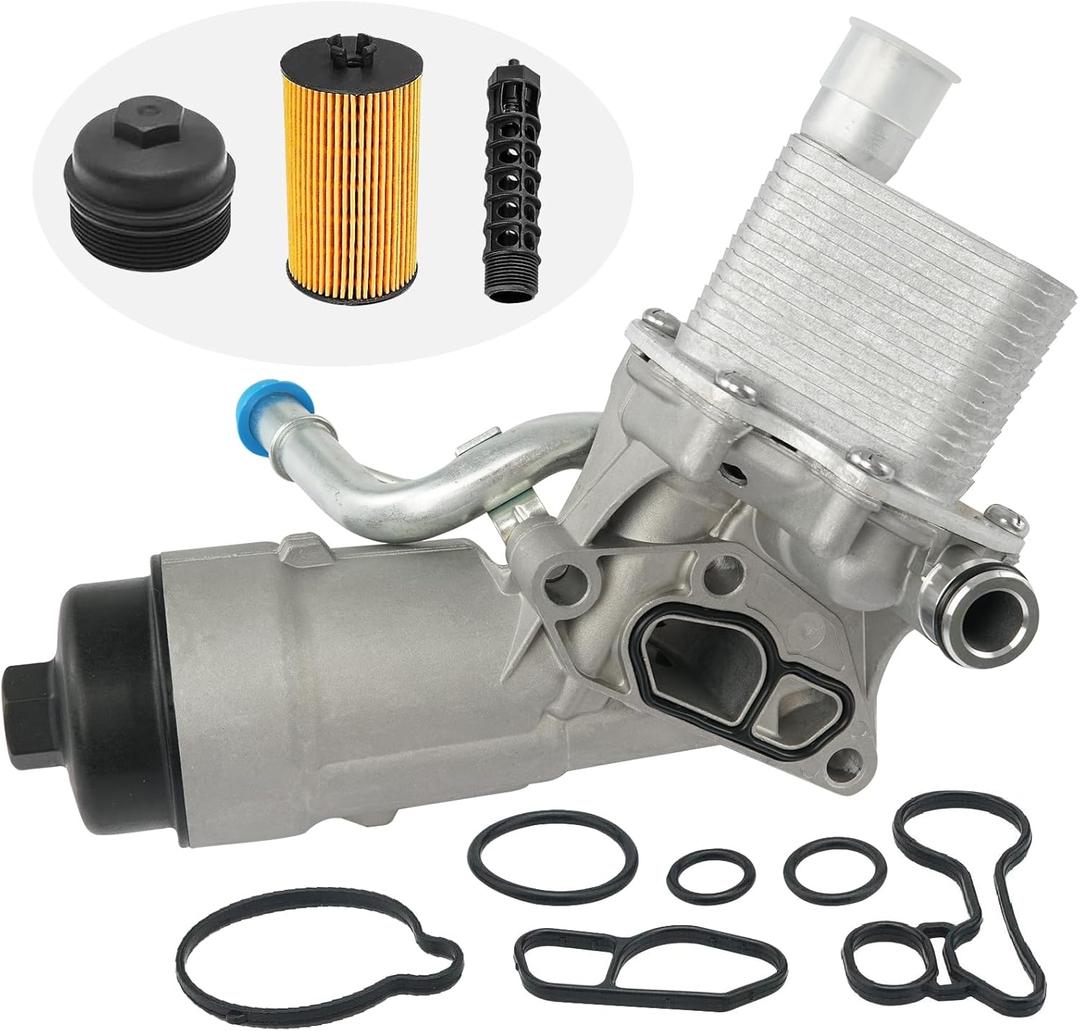 Engine Oil Cooler Filter Housing Assembly Adapter with Gasket, Filter Insert, Cap Compatible with 2011-2021 Chevy Cruze Sonic Trax Buick Encore 1.4L Turbo Replace 55566784 918-428 55565388 88179-91400