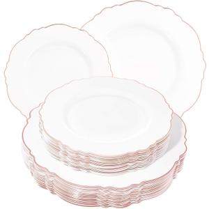 WDF 60pcs Rose Gold Plastic Plates-Baroque White &Rose Gold Disposable Plates including 30Plastic Dinner Plates 10.25inch, 30 Salad Plates 7.5inch for Wedding & Parties