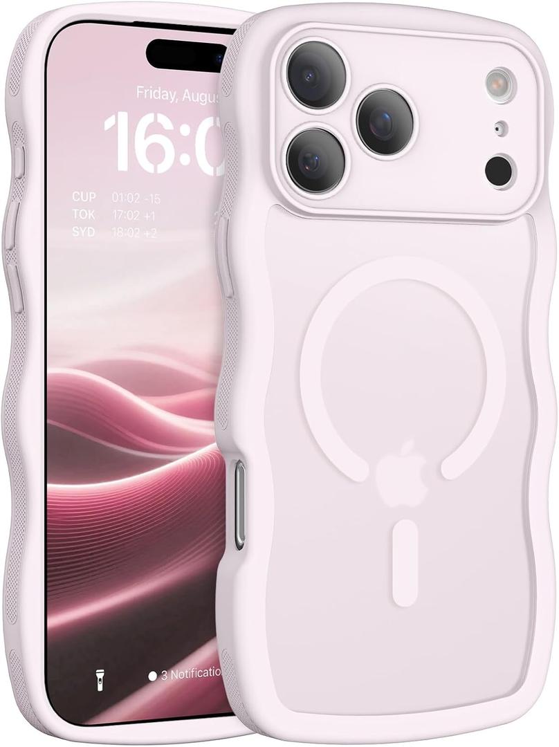 BENTOBEN Magnetic for iPhone 17 Pro Max Case, Cute Wavy [Full Camera Protection][Compatible with MagSafe] Matte Anti-Slip Bumper Women Girls Boys Protective Cover for 17 ProMax 6.9", Gray-Pink