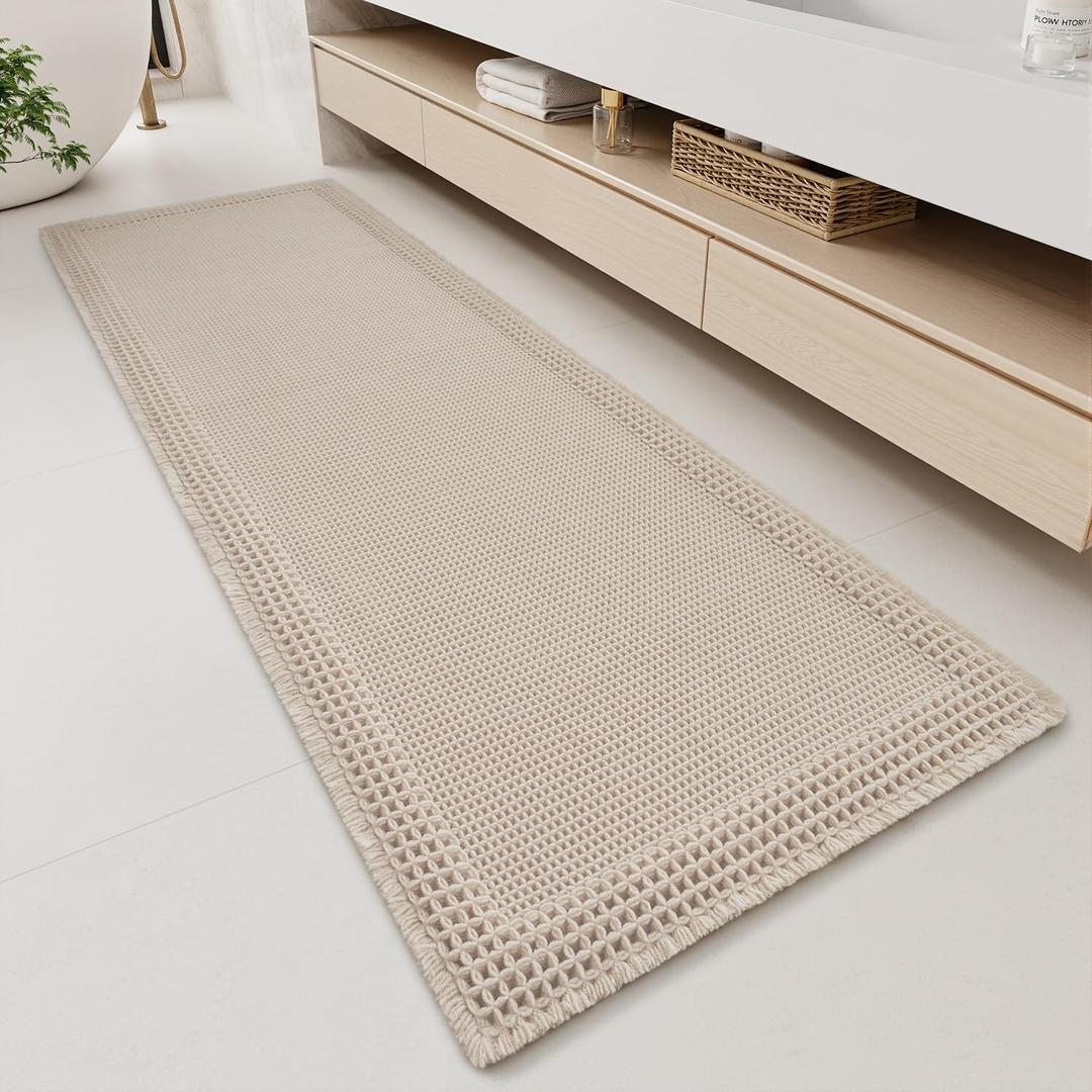 RESARE Waffle Bathroom Runner Rugs, Super Absorbent Bath Mat Non Slip Washable Quick Dry, Upgraded Ultra Soft Boho Bath Rugs with Tassels for Hallway Bedroom Laundry Room, 2'x5'(24"x60"), Pale Beige