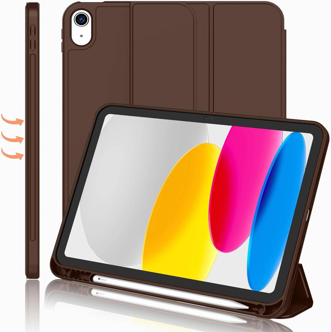iMieet iPad (A16) Case 11th Gen/iPad 10th Generation Case [11-Inch 2025/10.9 Inch 2022] with Pencil Holder, Trifold Stand Smart Cover with Soft TPU Back, Auto Wake/Sleep(Chocolate)