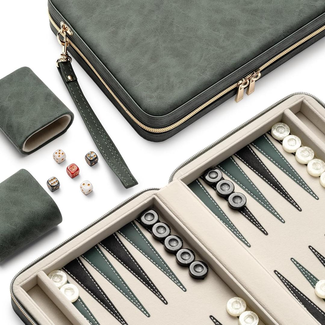 Backgammon Sets for Adults and Kids, Classic Backgammon Board with Unique Checkers Dice, Folding Faux Leather Backgammon Case, Portable Travel Backgammon Game Set (Green)