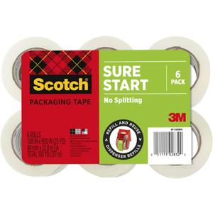 Scotch Sure Start Packing Tape, Clear, Holiday Wrapping Tape with Quiet Unwind and Easy Start, 1.88 in. x 25 yd., 6 Tape Rolls