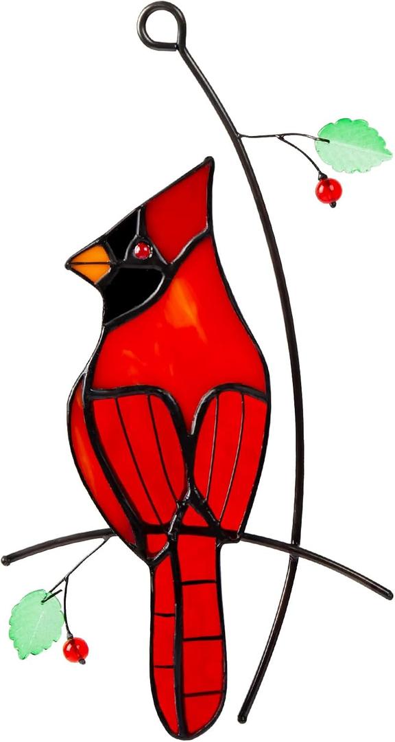 Stained Glass Red Cardinal Memorial Gifts for Women - Handcrafted Stained Glass Suncatcher Window Hanging, Red Cardinals on a Branch for Bird Lover, Bird Decor Gift for Mom