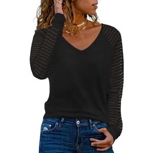 WEESO Womens Long Sleeve Tunic Tops Patchwork Sleeve Casual V Neck Loose Blouses Trendy 2023 (Large)