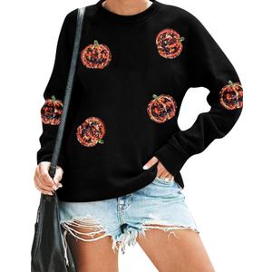 VILOVE Halloween Pumpkin Sequin Sweatshirt Women: Pumpkin Face Long Sleeve Tops Fall Hoodie Party Pullover (Pink, XL)