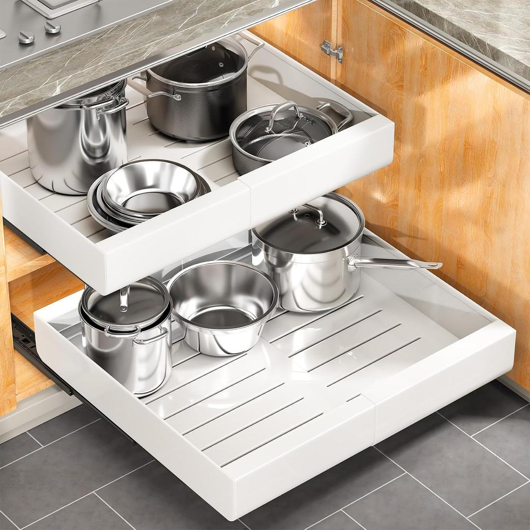Kitstorack Expandable Pull-Out Cabinet Organizer with Adhesive Nano Film - For Kitchen, Pantry, Bathroom Storage, White, 17"D×12"-20"W(1 Pack)