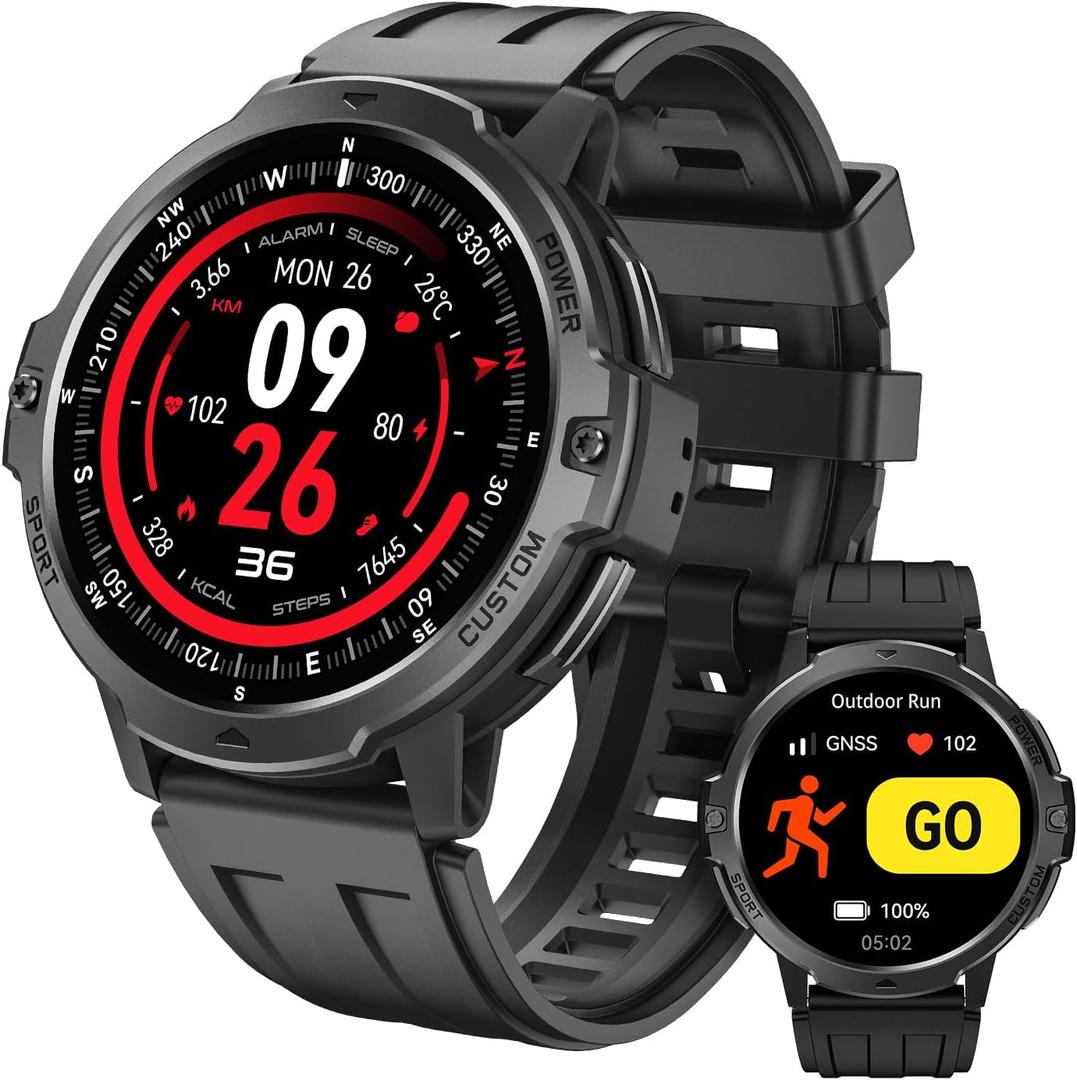 Rugged Smart Watch for Men with Built-in GPS, 6-Axis Sensor for HIIT/Run Form Analysis, 1.46'' Tactical Smartwatch with Bluetooth Calls, Compass, 7-Day, 100+ Sports 3ATM Fitness Tracker, Black