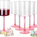 Ciaell 12 Pack 10 Oz Clear Plastic Wine Glasses with Pink Stem - Disposable Cocktail Goblets Perfect for Parties & Weddings & Poolside & Outdoors & Camping & Party & Easter