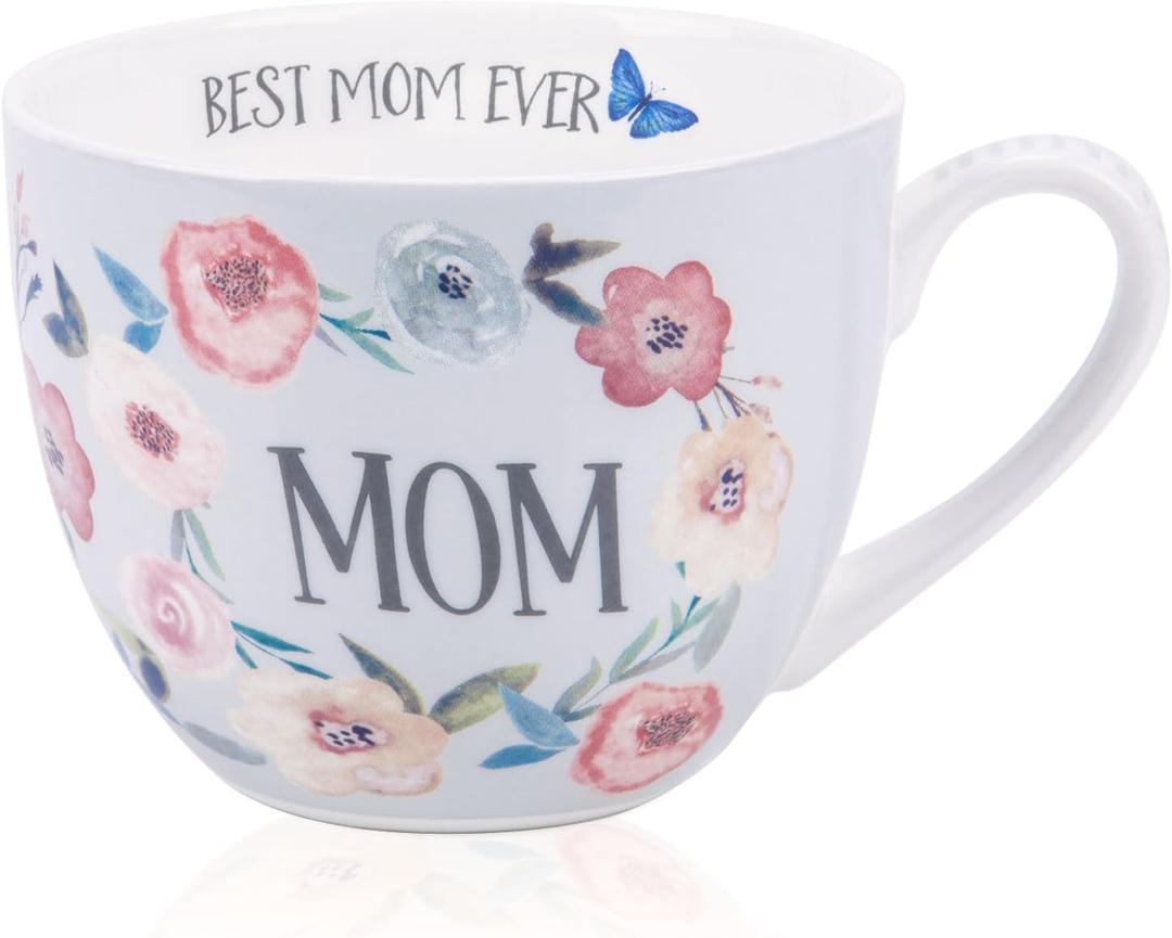 Best Mom Ever Coffee Mug - 20 oz Large Bone China Mug with Floral Design, Thoughtful Mothers Day Gifts for Mom Women, Designed in England by Harvest Green Studio