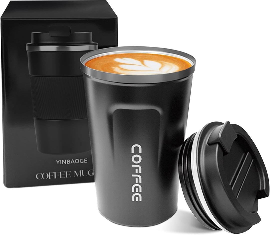 YINBAOGE Insulated Travel Coffee Mug, Spill & Leak Proof, Portable To Go Camping Stainless Steel Coffee Tumbler, Reusable Thermal Coffee Cup with Lid for Hot & Cold Drinks (2nd-Black, 12 OZ)