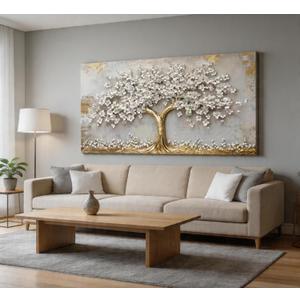 Large Tree of Life Canvas Wall Art Gold and White Flower Big Tree Painting Picture Wall Decor Botanical Floral Poster Print Artwork for Living Room Dining Bedroom, 40"L x 20"W