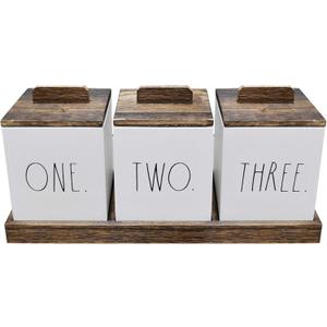 Rae Dunn Bathroom Containers for Organizing - Storage Canister Set of 3 with Lids and Wood Tray - Home Decor, Bathroom Vanity Organizer, Toilet Tank Topper, Makeup and Accessories Holder