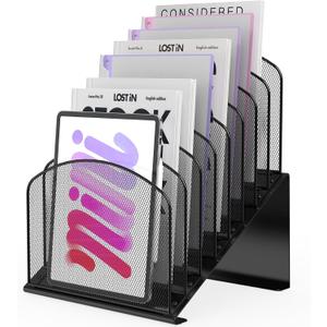 Inclined Desk File Organizer Metal Desk Magazine Folder Holder with 8-Section Vertical Compartments Rack File Organizer for Office, Home, School, Black