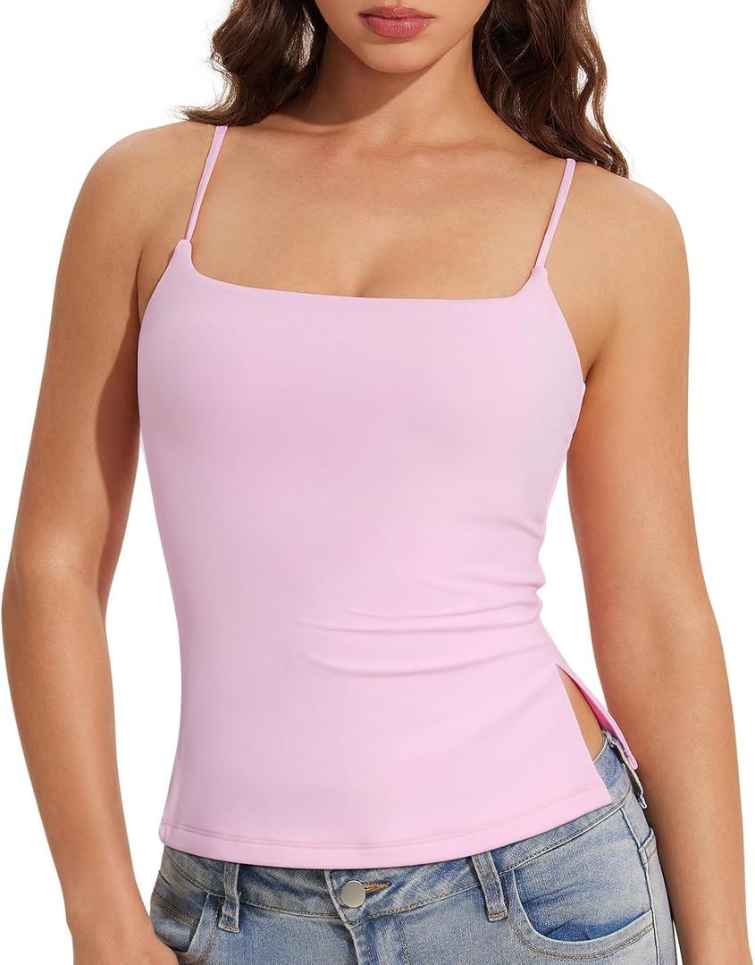 OMKAGI Cute Side Split Tank Tops for Women Summer Y2K Going Out Basic Shirts with Bras (Pink, M)