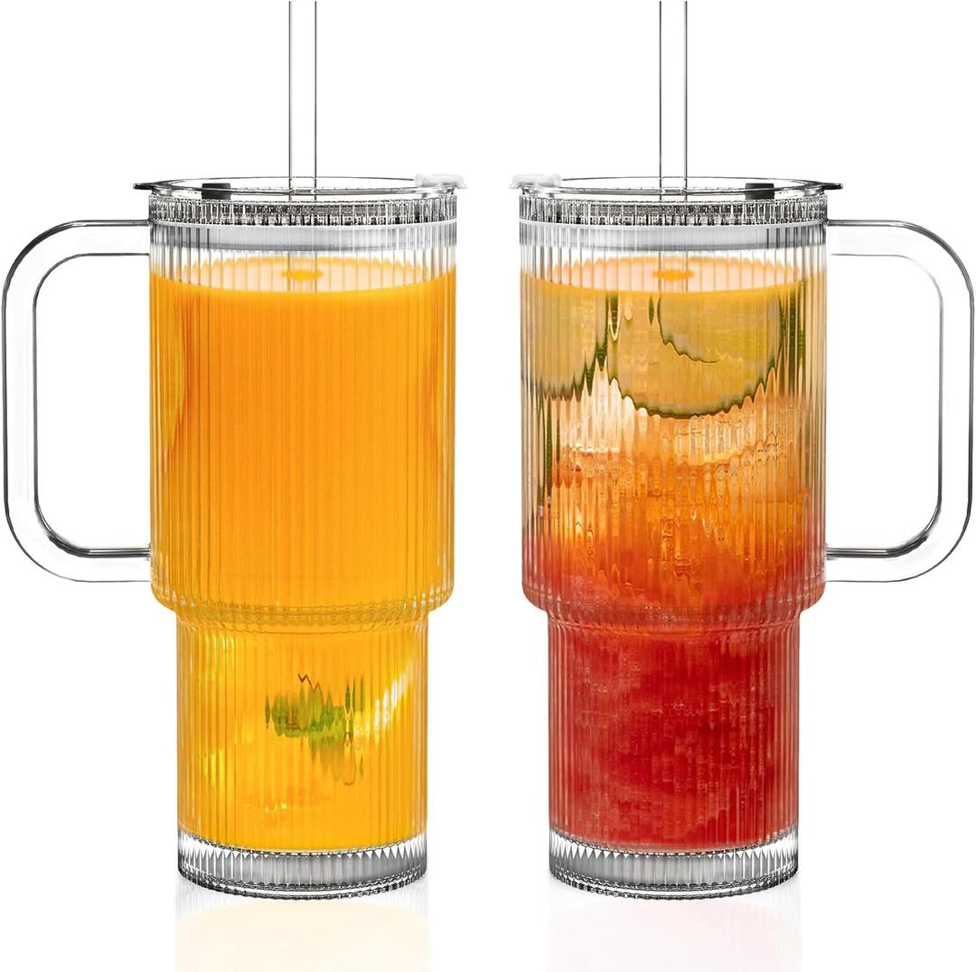 KEMORELA 26oz Ribbed Glass Tumbler with Handle & Lid, 2-Pack Clear large Iced Coffee Cups with Straws, Spill proof Glass Mug for Cold & Hot Beverages, Travel Cup for Smoothies, Tea, and Juice